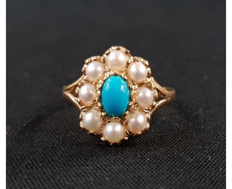 9 CARAT YELLOW GOLD SEED PEARL &amp; TORQUOISE RING