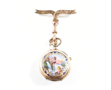 A 19th century gold enamel decorated fob watch on a 9ct gold ribbon brooch pin. The watch having an enamel scene of a woman d