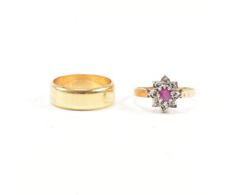 A hallmarked 18ct gold band ring and a hallmarked 9ct gold ruby and diamond cluster ring. Weight 18ct gold band ring 4.2g, si