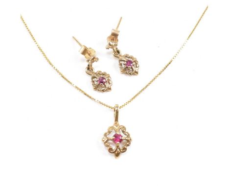 A hallmarked 9ct gold and ruby pendant necklace and earring suite. Pendant hallmarked. Chain measures 41cm, pendant 3cm inc b
