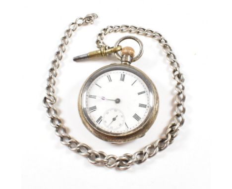 A silver 925 open faced crown wind pocket watch together with albert chain. White enamel dial with Roman numeral chapter ring