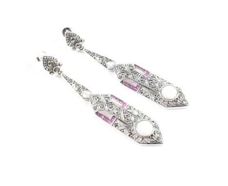 A pair of contemporary 925 silver and marcasite and synthetic opal Art Deco style drop earrings. Weight approx 7.9g. Measures