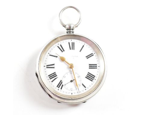 An open faced silver 925 pocket watch&nbsp; Stamped 925&nbsp; with inset key wind movement and bale atop. Enamel face with Ro