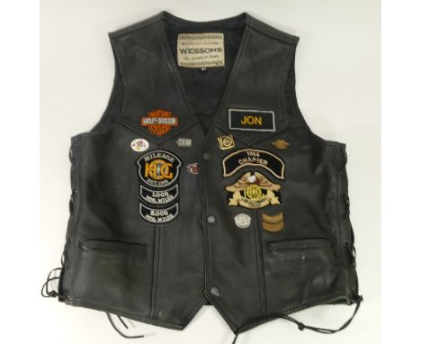 Harley Davidson '1066' Chapter, black leather waistcoat. HOG - Harley Owners Group badges, tours and 14 metal pin badges.Bran