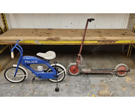 A vintage child's metal tricycle in the form of a motorcycle and a scooter (2) 