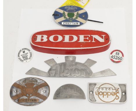 A vintage Albion Chieftain enamel badge, another lacking the enamel,a Boden badge and other badges 
