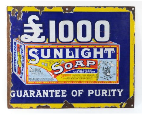 A £1000 Sunlight Soap Guarantee of Purity single sided vitreous enamel advertising sign, 48 x 38cm 