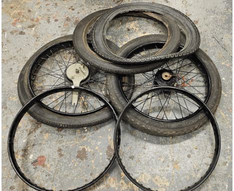 A vintage Scott front and rear bead edge wheels with tyres, two rims and two tyres 