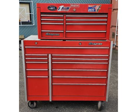 Snap-on, an eight drawer top chest box, stock number KRA4810A, mounted on a KR-1001 twelve drawer large tool chest on wheels