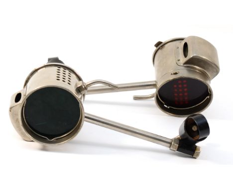 A vintage pair of Miller's Rearlite nickel port and starboard acetylene lamps, mounted on arms, box, 20cm 