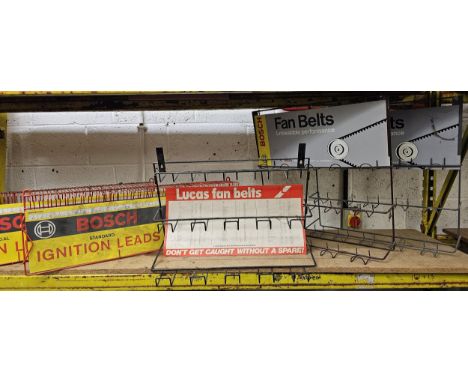 Two Bosch ignition lead wall display units, two Bosch fan belt wall display units and a Lucas fan belt wall display unit (5).