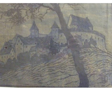 A coloured wood block print, of a walled town, monogrammed E D, and a book illustration, 17.5 x 23 cm (2)