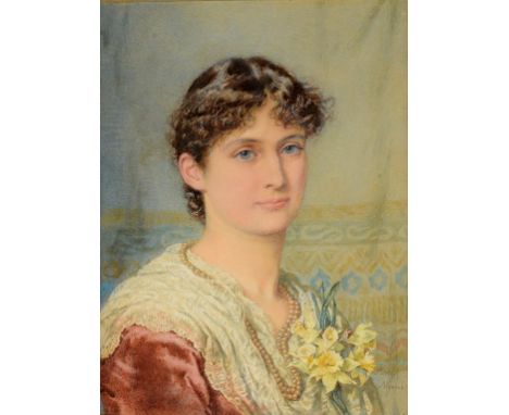 Agnes Nicholl, a bust portrait of Miss Floris Hedgcock, watercolour, signed, inscribed and dated 1884 on a label verso, 37 x 