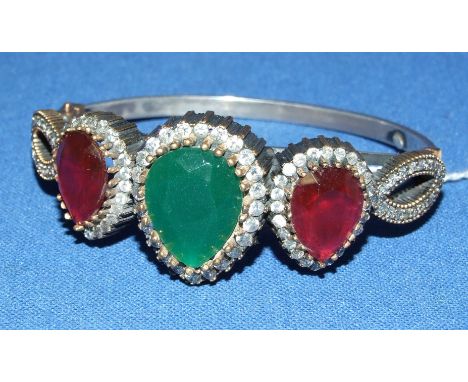 A silver, gilt metal and chalcedony bangle