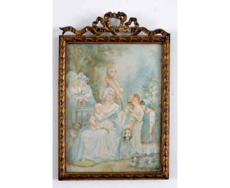 A portrait miniature, of a family group, watercolour on ivory, 12.5 x 9.5 cm  See illustration