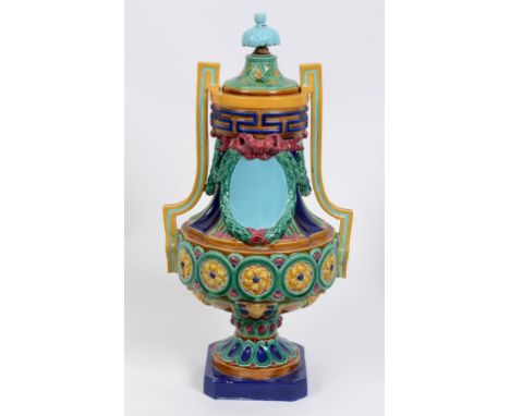 A majolica vase and cover, decorated swags and foliage, probably Minton (a.f.), 57 cm high  See illustration Condition report