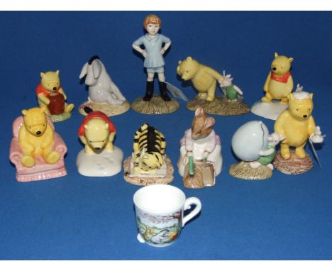 Ten Royal Doulton Winnie The Pooh figures, including Eeyore's Tail, WP7, and Christopher Robin, WP9, all boxed, a miniature R