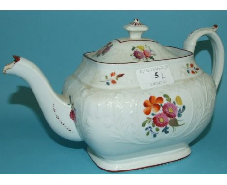A Newhall style porcelain teapot, painted flowers, 16 cm high, and three other teapots and covers (a.f.) (4) Condition report