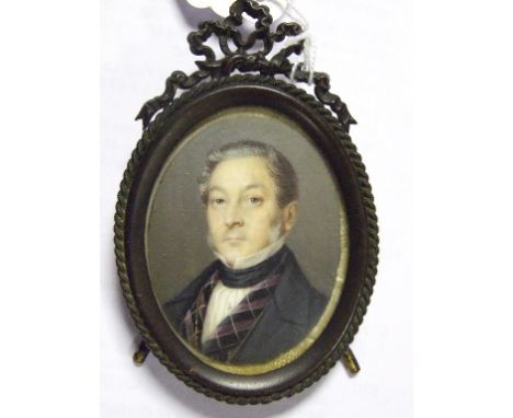 An oval bust portrait miniature, of a gentleman wearing a cravat, watercolour, 5.5 x 4 cm