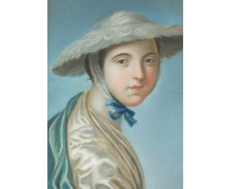 Continental school, a portrait of a lady wearing a feather bonnet, pastel, collector's label verso, 44.5 x 28.5 cm