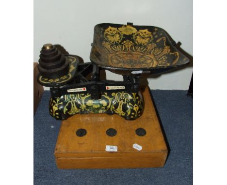 A bar top skittles set, a coal scuttle, a pair of brass lamps, a set of scales, a barometer, a bronzed figure, and other item