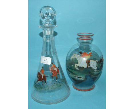 A glass decanter and stopper, decorated huntsmen, 27.5 cm high, and a glass carafe, decorated a hunting scene, 19 cm high (2)