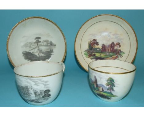 A 19th century tea cup and saucer, decorated en grisaille landscapes, and other similar ceramics (a.f.) (8) Condition report 