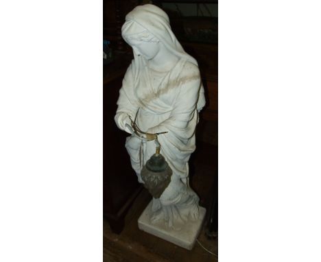 A plaster of Paris figural lamp, in the manner of Humphrey Hopper, in the form of a lady, wired for electricity (damages/loss