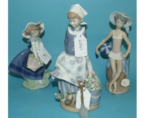 A Lladro figure, girl with a spade, 5671, 21 cm high (spade loose), and six other Lladro figures, six boxed (one restored) (7