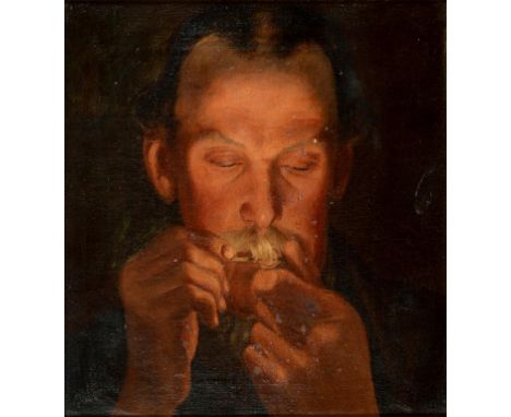 19th century, a portrait of a gentleman lighting a pipe by matchlight, oil on canvas, 29 x 29.5 cm  See illustration