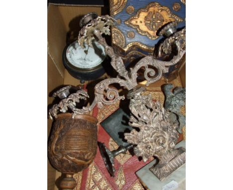 A Negretti & Zambra Fisherman's Aneroid Barometer, a silver plated candelabrum, and other items (box)