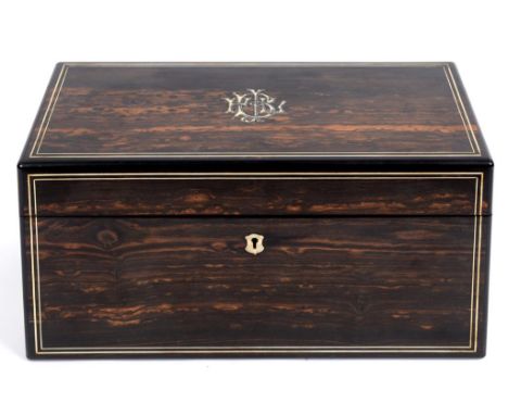A Victorian coromandel wood tea caddy, monogrammed and with inlaid stringing, 33 cm wide  See illustration Condition report R