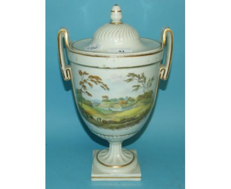 A 19th century vase and cover, painted a rural scene, probably Derby (a.f.), 28 cm high Condition report Report by RB

The va