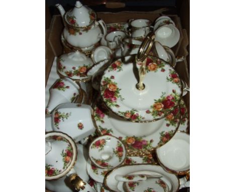A Royal Albert Old Country Roses pattern tea, dinner and coffee service, other ceramics, pictures, a doll and sundries (2 box