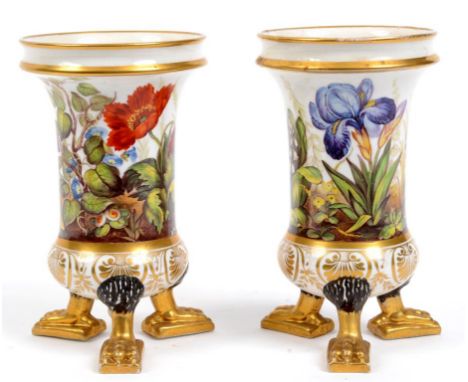 A pair of 19th century English porcelain vases, painted flowers and with gilt decoration on paw feet, 14.5 cm high (2)  See i