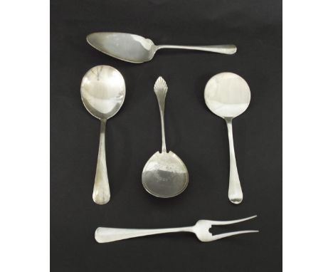 Dutch silver to include three serving spoons, cake slice and serving fork, various date marks, 12.9oz approx (5)