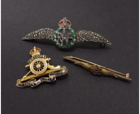 Territorial Artillery 9ct enamel cap badge, 5.7gm, 35mm; also two RAF brooches (3)