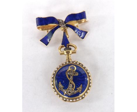 Attractive 18ct and enamel cylinder fob watch with matching bow brooch, nickel bar movement, the dial with blue Arabic numera