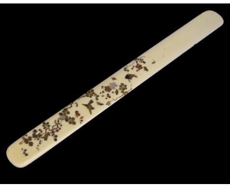 Japanese ivory Shibayama paper knife, decorated with birds amidst blossoming branches, Meiji period, 11.5" long