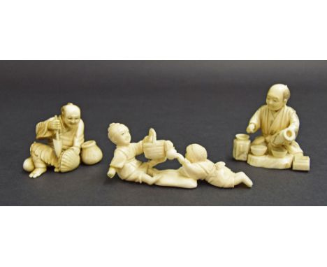 Three Japanese ivory okimono groups to include a fisherman opening a shell, a potter decorating a vase and a group with two c