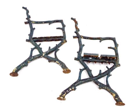 Pair of Victorian Coalbrookdale style garden bench seat ends, realistically modelled as branches, 36" high