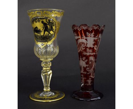 Continental glass goblet, the trumpet bowl gilded with an oval reserve depicting figures hunting wild dogs, upon a facet tape