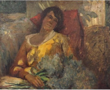 Manner of Pierre Bonnard (20th century) - Lady reclining on a sofa beside a window in a sunlit room, bears a signature, also 