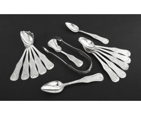 Set of twelve Dutch silver engraved teaspoons, with a matching pair of tongs and caddy spoon, stamped marks for 1858, 7.8oz a