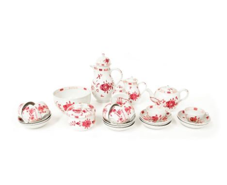 Meissen Marcolini period porcelain tea and coffee service, painted with floral designs in puce on fluted grounds, comprising 