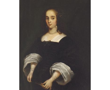 Continental School (18th/19th century) - Portrait of a lady (unknown), three-quarter length holding a fan, inscribed verso on
