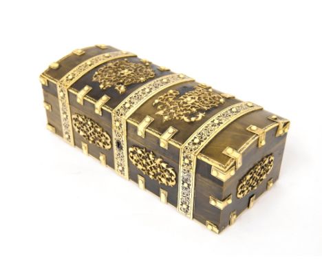Vizagapatam horn and ivory mounted dome top rectangular box, 19th century, with applied floral strapwork bands with engraved 