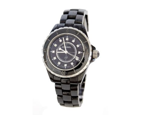 Chanel J12 black ceramic dress bracelet watch, circular black dial with diamond hour markers, date aperture at the four/five 