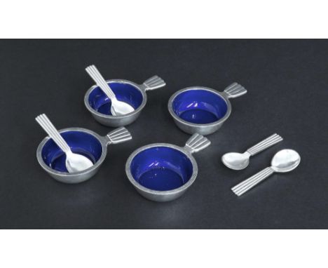 Set of four Georg Jensen silver and blue enamel salts, each with matching spoons, designed by Sigvard Bernadotte, stamped mar