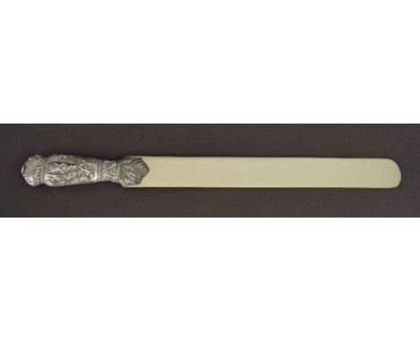 Late Victorian ivory paper knife, with an ornate silver handle repousse with figures in a country landscape, London 1891, 17"